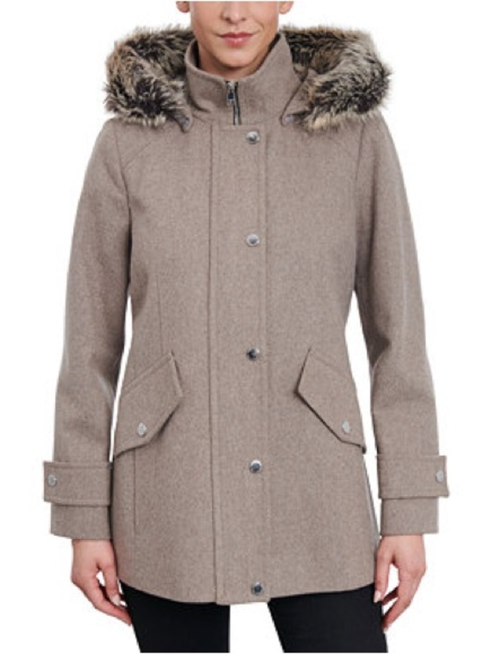 London Fog Taupe Trench Coat with Faux-Fur Trimmed Hood